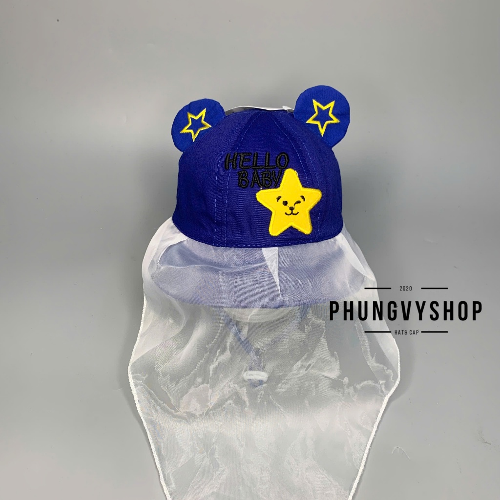 I VĐ 48cm/ Dưới 12 tháng I Mũ cho bé có khăn voan cản gió che bụi cho bé sơ sinh-BO NHÍ VON HELLO BABY SAO ĐEN-nón trẻ