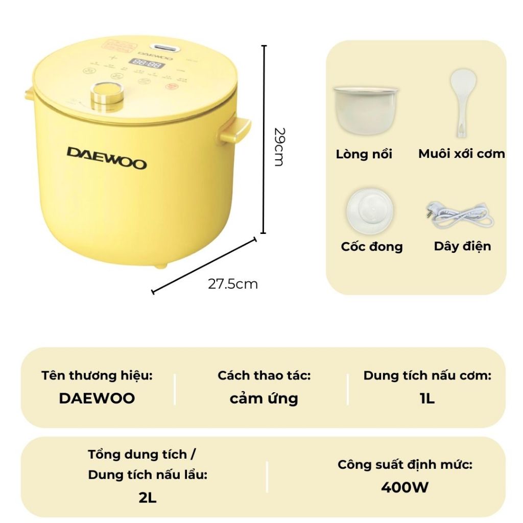 Ảnh Nồi cơm điện mini 1-2 người 1L Hàn Quốc Daewoo DWRC-Y201 công suất 400W, bảo hành 12 tháng 4