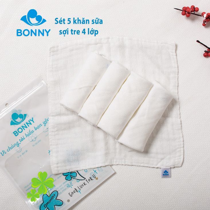 Ảnh Set 5 Khăn Sữa BONNY 4 Lớp Sợi Tre Mềm Mịn Thấm Hút (KT: 28x28Cm) 1