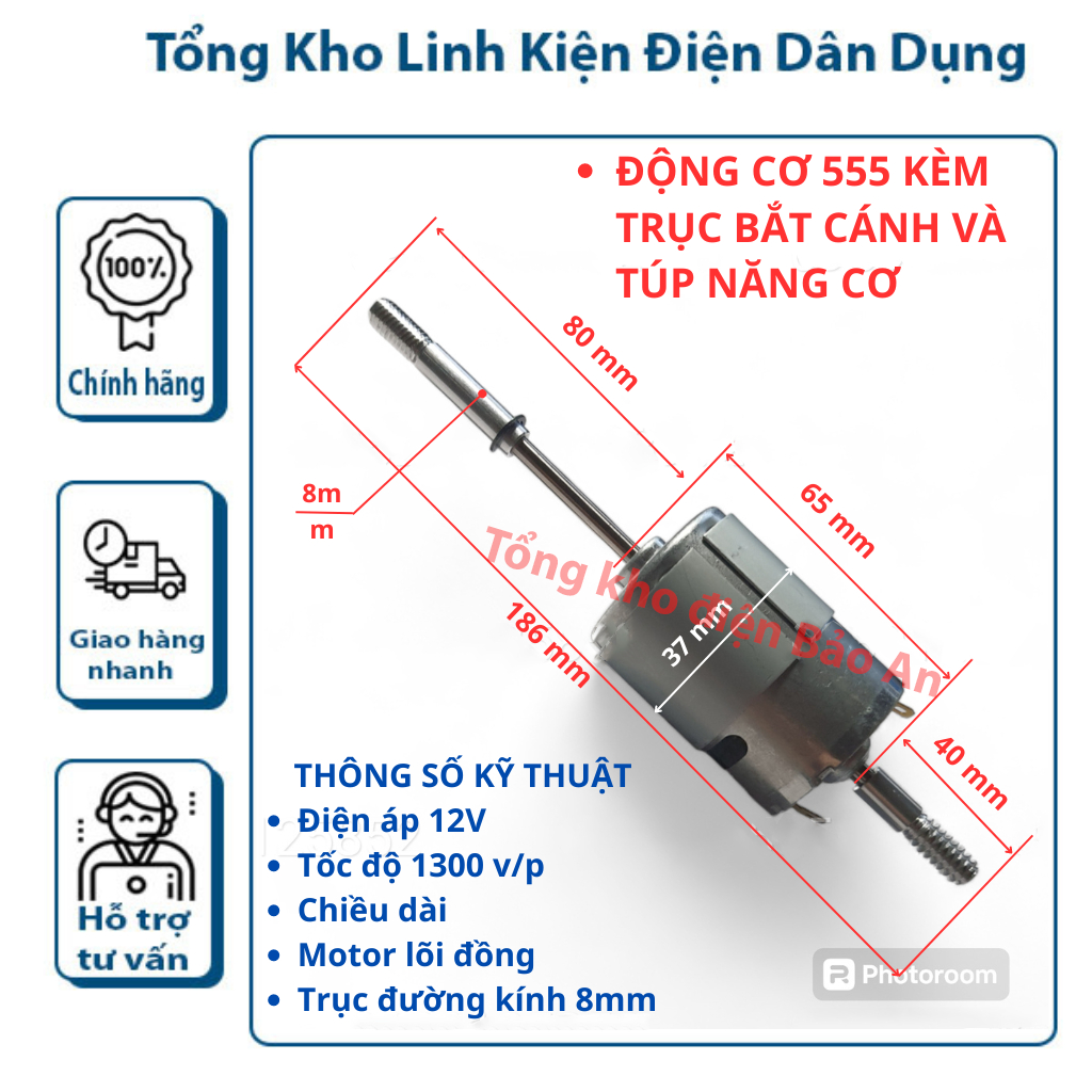 MOTOR 12V 555 liền trục lắp quạt- Chế quạt sạc pin, kẹp bình 12V ...