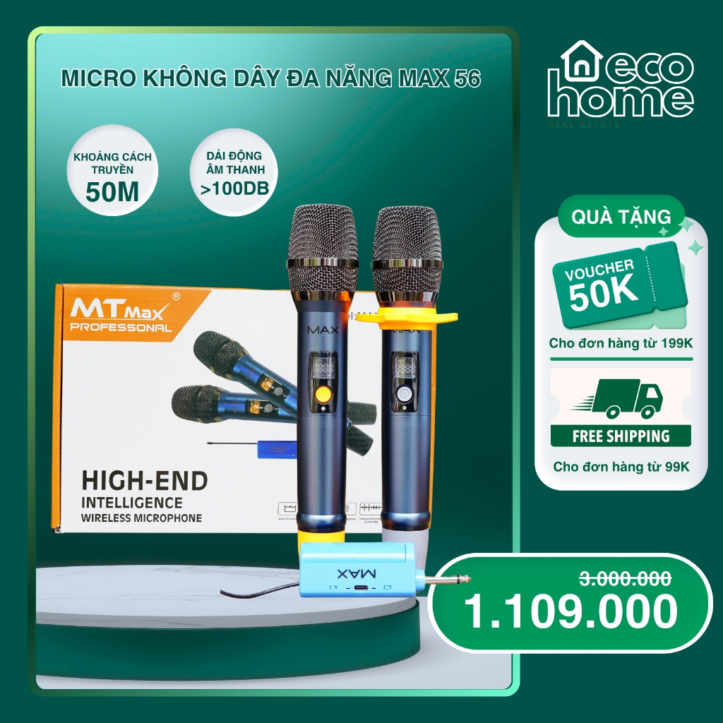 Bộ 2 micro không dây đa năng Max 56 hút âm tốt hạn chế hú rít sử dụng pin sạc, màn hình LCD hiển thị tần số