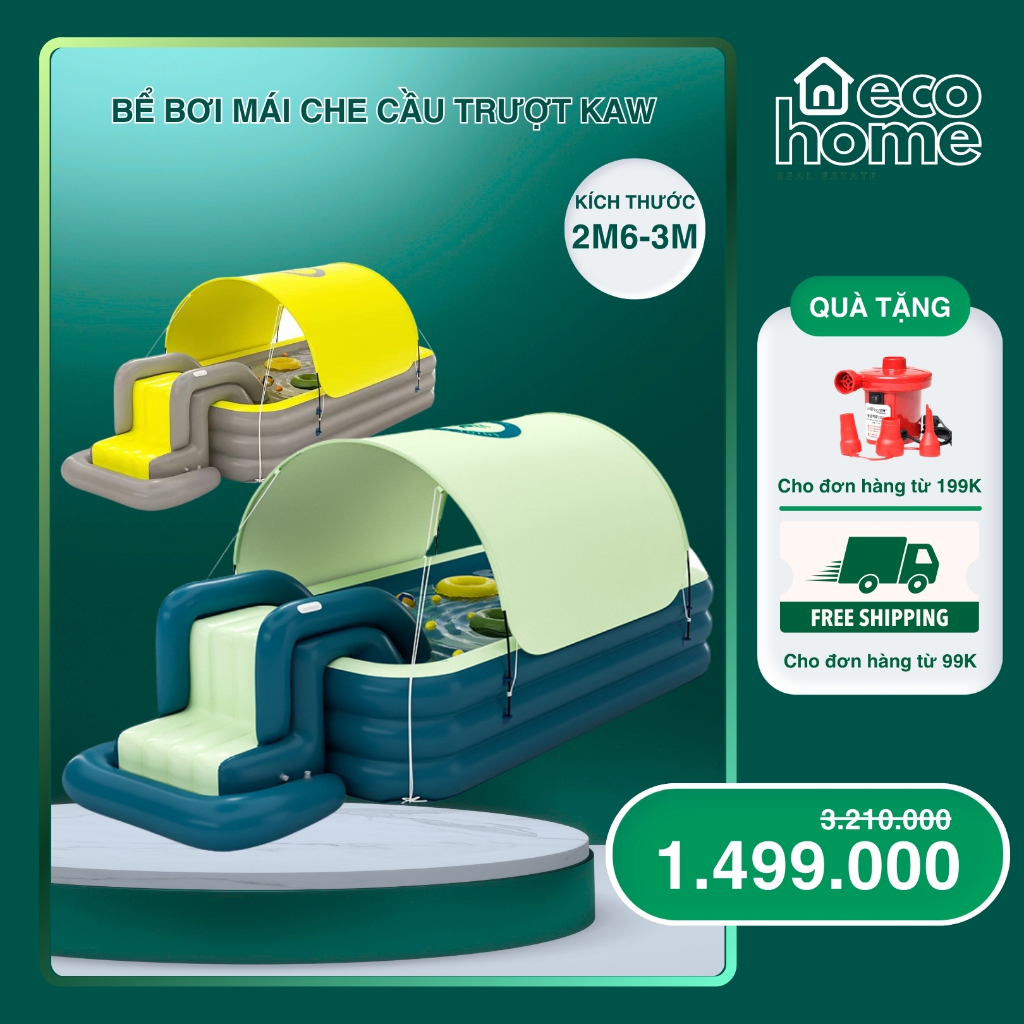 Bể Bơi Phao Cho Bé Chính Hãng KAW, Có Mái Che Và Cầu Trượt, Tặng Kèm Bơm Điện Và Keo Dán Màu Xanh Lá