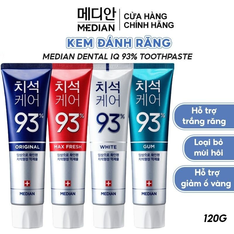 Kem đánh răng MEDIAN 93% Hàn Quốc 120G đủ màu, giúp trắng răng, bảo vệ nướu