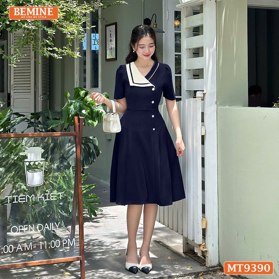 Ảnh Đầm thiết kế cổ kiểu đính nút dáng xếp ly BEMINE MT9390 4