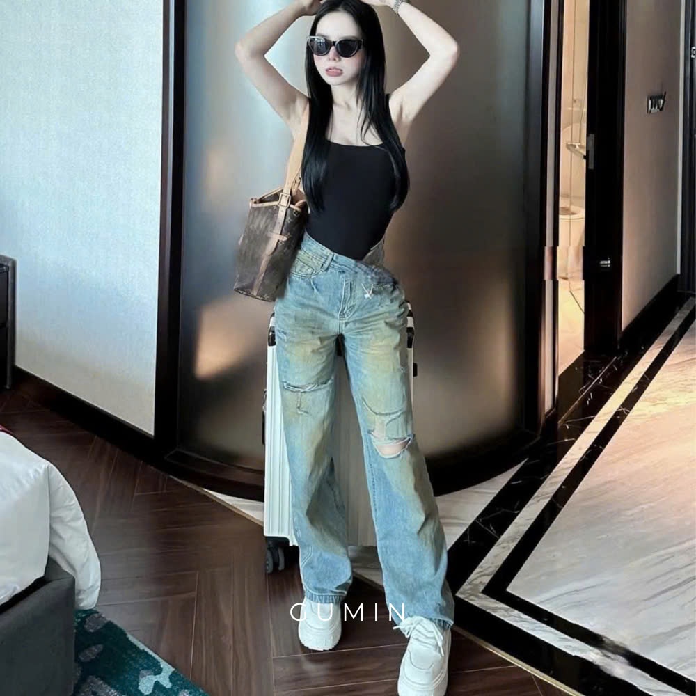 Quần jean rách GUMIN thiết kế quần ống suông cạp cao dáng dài có xẻ rách cá tính cao cấp