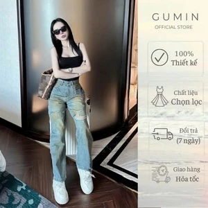 Quần jean rách GUMIN thiết kế quần ống suông cạp cao dáng dài có xẻ rách cá tính cao cấp
