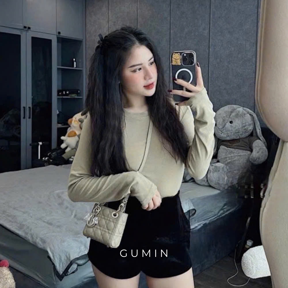 Áo thun nữ GUMIN thiết kế áo dài tay cổ tròn dáng ôm, Áo thu đông sang trọng cao cấp
