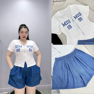 Set đồ Nhỏ Clothing bigsize nữ áo chữ V tay ngắn có khóa kéo kèm quần đùi ống rộng lưng thun xinh xắn 50-95kg SET846