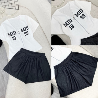Set đồ Nhỏ Clothing bigsize nữ áo chữ V tay ngắn có khóa kéo kèm quần đùi ống rộng lưng thun xinh xắn 50-95kg SET846