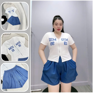 Set đồ Nhỏ Clothing bigsize nữ áo chữ V tay ngắn có khóa kéo kèm quần đùi ống rộng lưng thun xinh xắn 50-95kg SET846