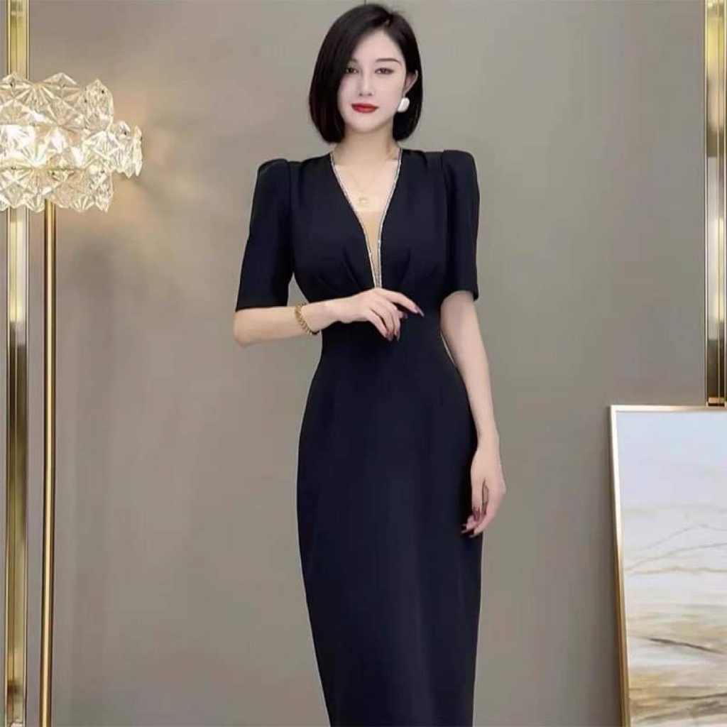 Váy Body Dáng Ôm Bút Chì Cổ V Thanh Lịch
