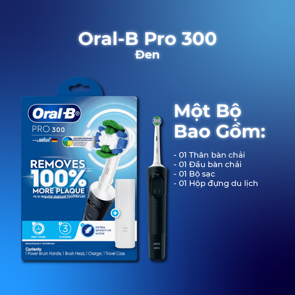 Bàn Chải Điện Oral-B Pro 300 Chế Độ Làm Sạch, Hẹn Giờ Quad-Timer, Đầu  Chải Tròn, Chế Độ Dành Cho Răng Siêu Nhạy Cảm