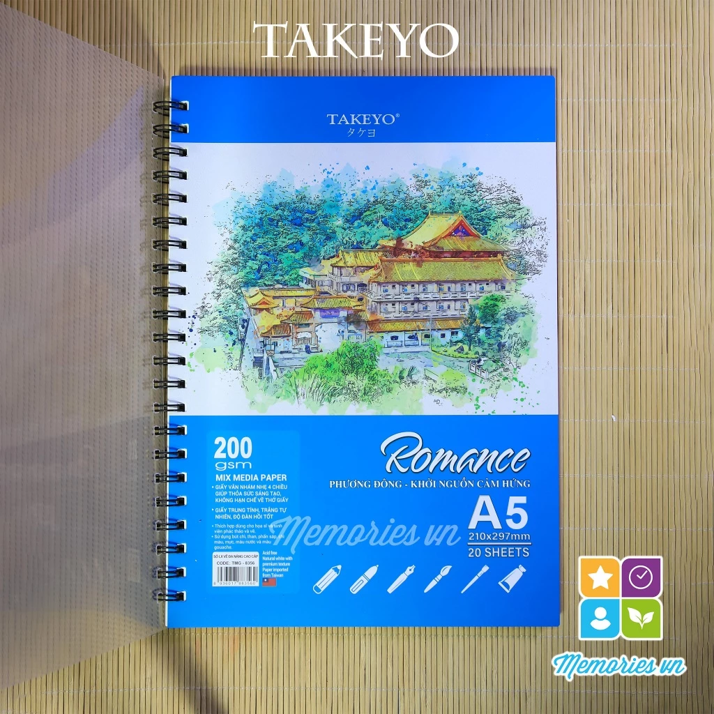 Sổ vẽ TAKEYO ROMANCE A5 200 gsm, A4 300gsm màu nước, chì, marker, gouache, sáp dầu, than, phấn, mực