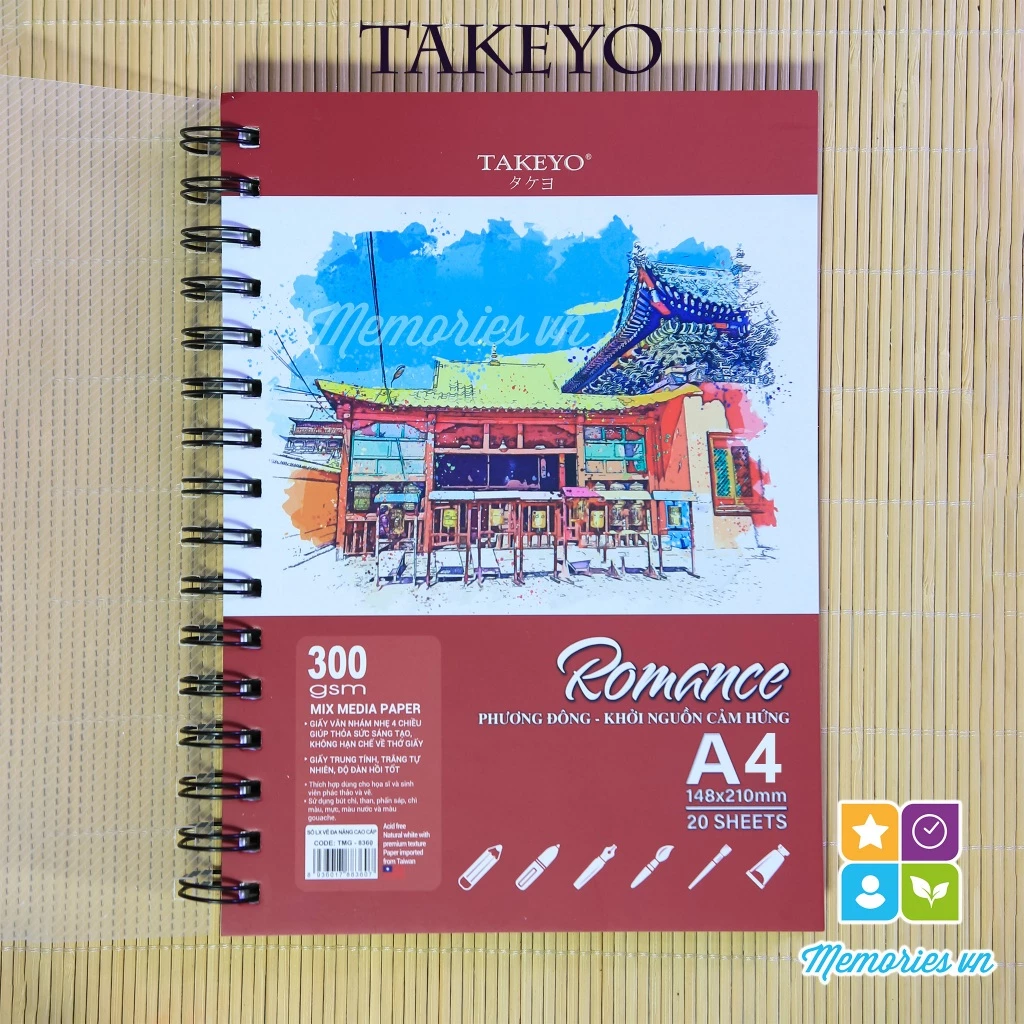 Sổ vẽ TAKEYO ROMANCE A5 200 gsm, A4 300gsm màu nước, chì, marker, gouache, sáp dầu, than, phấn, mực