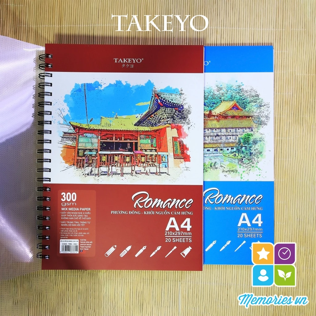 Sổ vẽ TAKEYO ROMANCE A4 300gsm, A5 200 gsm màu nước, chì, marker, sáp dầu,phấn, mực sổ vẽ sketchbook