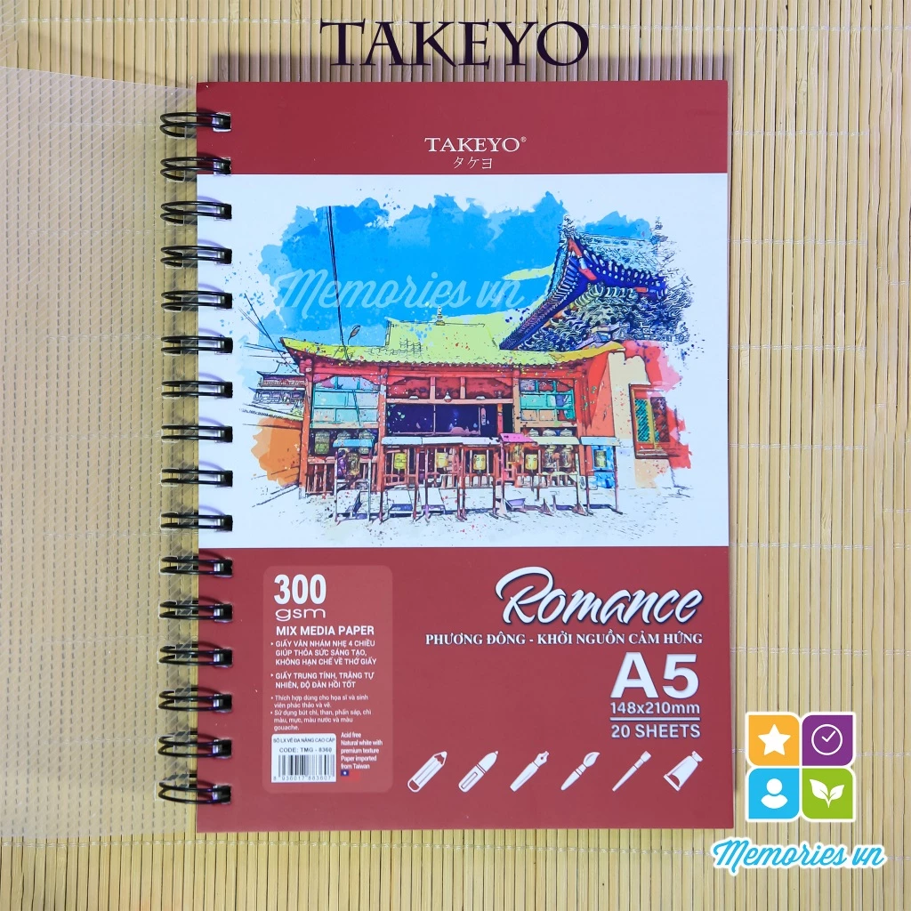 Sổ vẽ TAKEYO ROMANCE A5 300gsm, A4 200gsm màu nước, chì, marker, gouache, sáp dầu, sổ vẽ sketchbook