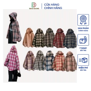 Áo khoác sơ mi kẻ caro flannel chất liệu cotton có nón trùm đầu Bảo Đăng.