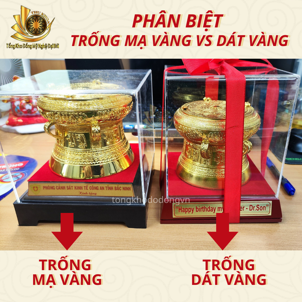 Trống Đồng Quà Tặng Dát Vàng ĐK 10cm Quà Biếu Trống Đồng Để Bàn Làm Việc Phong Thủy