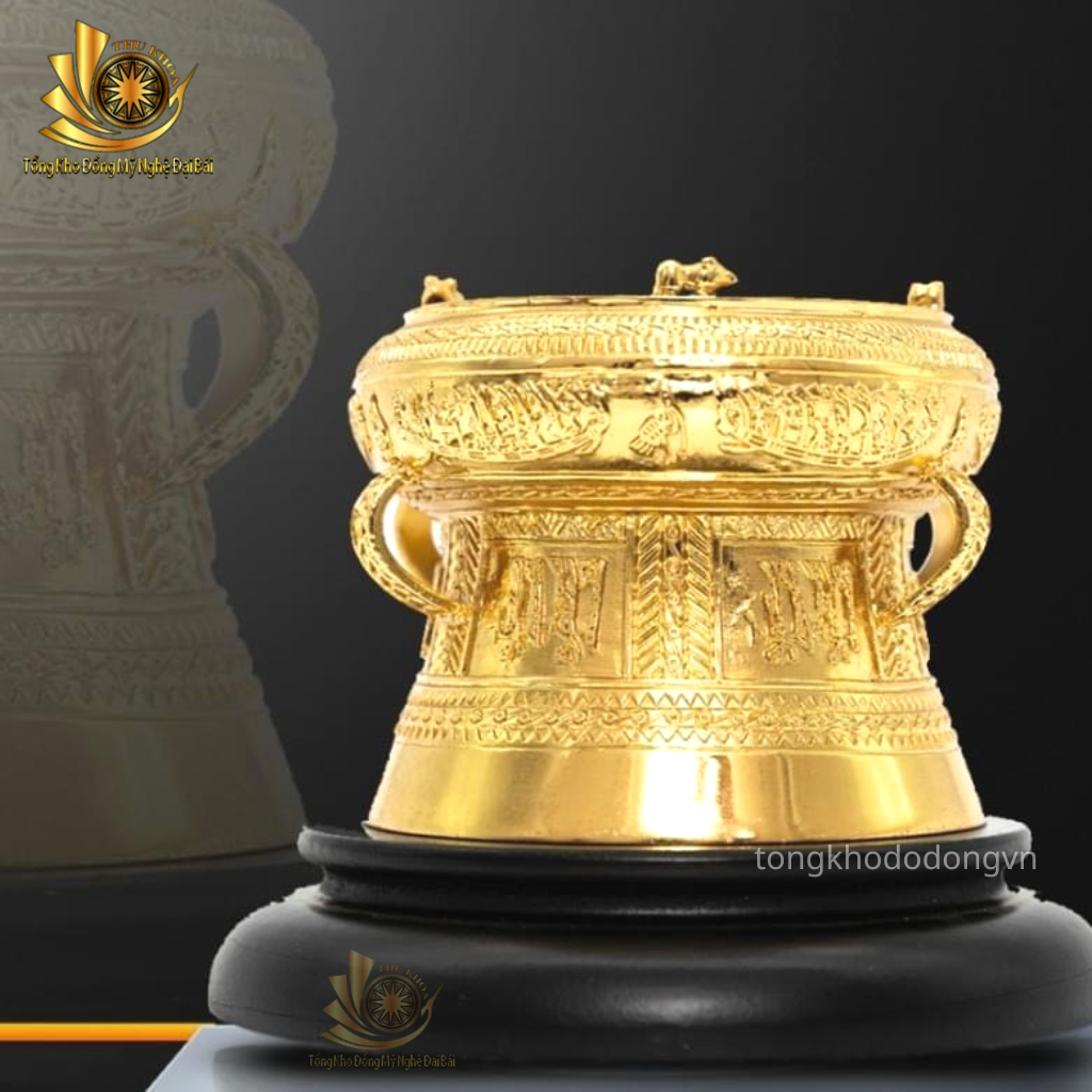 Trống Đồng Quà Tặng Dát Vàng ĐK 10cm Quà Biếu Trống Đồng Để Bàn Làm Việc Phong Thủy