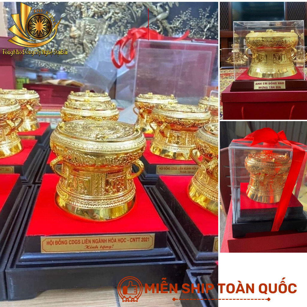 Trống Đồng Quà Tặng Dát Vàng ĐK 10cm Quà Biếu Trống Đồng Để Bàn Làm Việc Phong Thủy