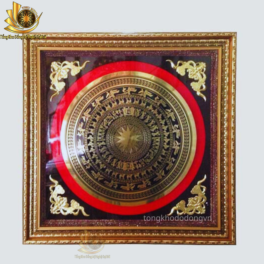 Tranh trống đồng Đông Sơn 100x100cm khung kính treo tường sẵn móc treo, Tranh mặt trống đồng ăn mòn cao cấp miễn ship