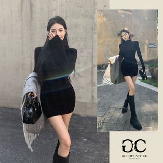 (XẢ KHO) Đầm body GISCHY xỏ ngón cổ 3 phân dài tay,váy len tăm cổ 3cm,đầm ôm body chất thun tăm co giãn-GC51