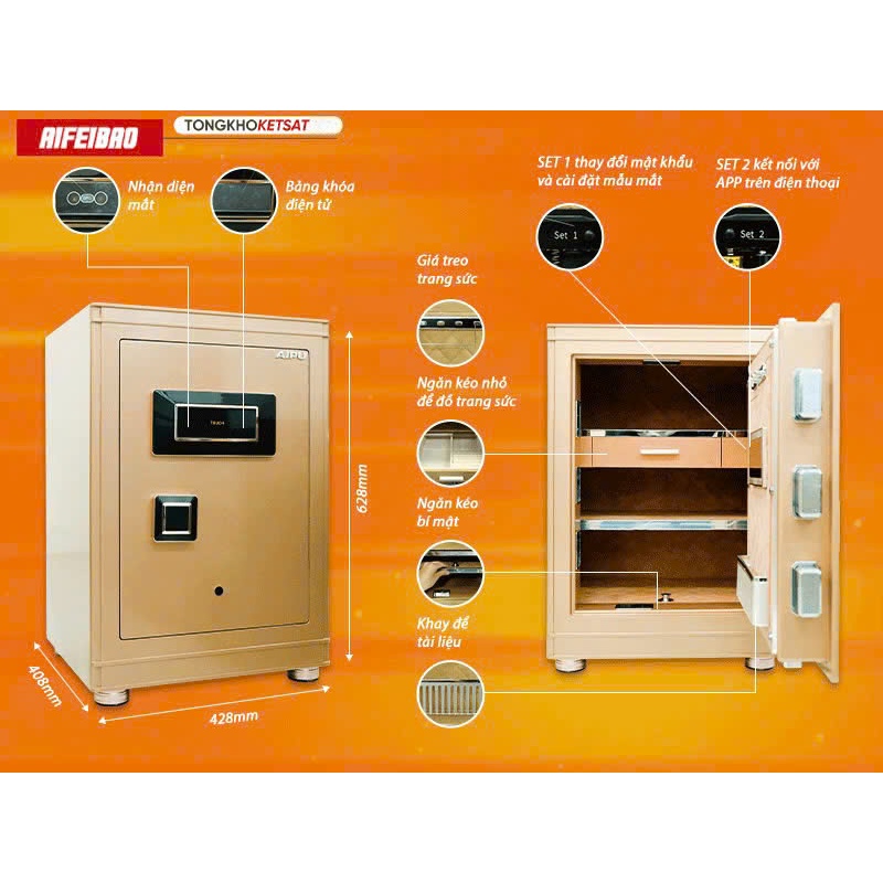 Két sắt nhập khẩu Aifeibao dòng BR thông minh nhận diện khuôn mặt có tính năng kết nối qua điện thoại