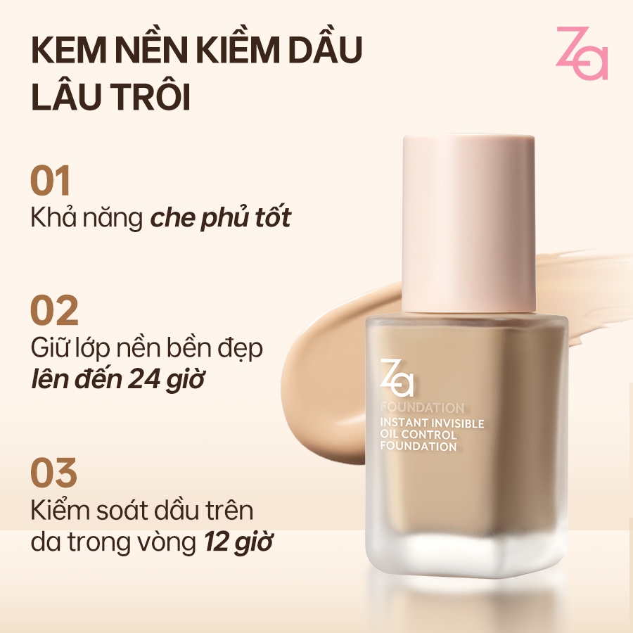 Za Kem nền Instant Invisible Oil Control kiềm dầu chống thấm nước che phủ cao che khuyết điểm 25ml