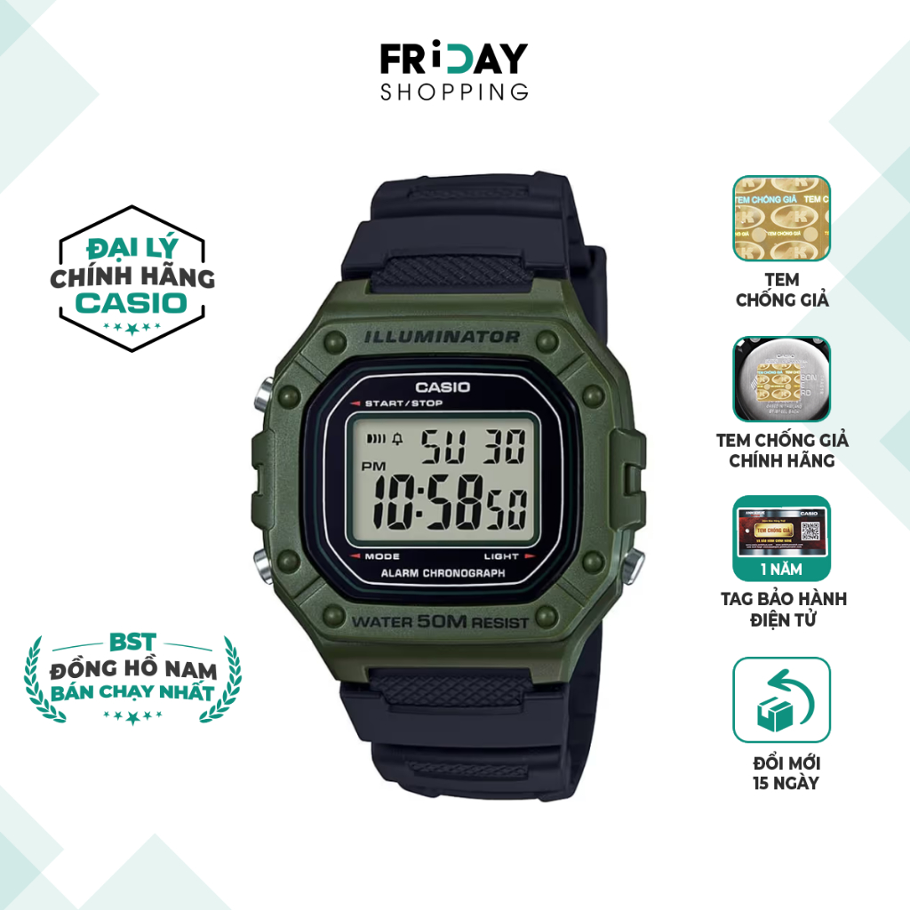 Ảnh Đồng Hồ Casio Nam Điện Tử W-218H-3AVDF Mặt Vuông Dây Cao Su Chính Hãng 1