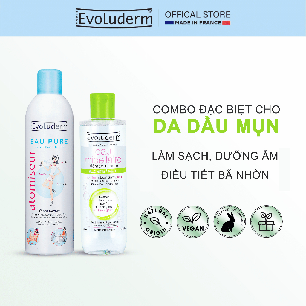 COMBO Xịt khoáng Evoluderm 400ml và Nước tẩy trang 250ml