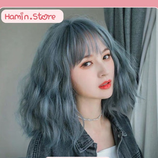 Tóc Giả Nguyên Đầu Xoăn Ngang Vai Mái Bằng Ombre Xanh HaminStore