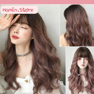 Tóc giả xoăn nguyên đầu cao cấp màu Nâu Hồng. Tóc xoăn sóng duỗi dài kèm mái giả HaminStore