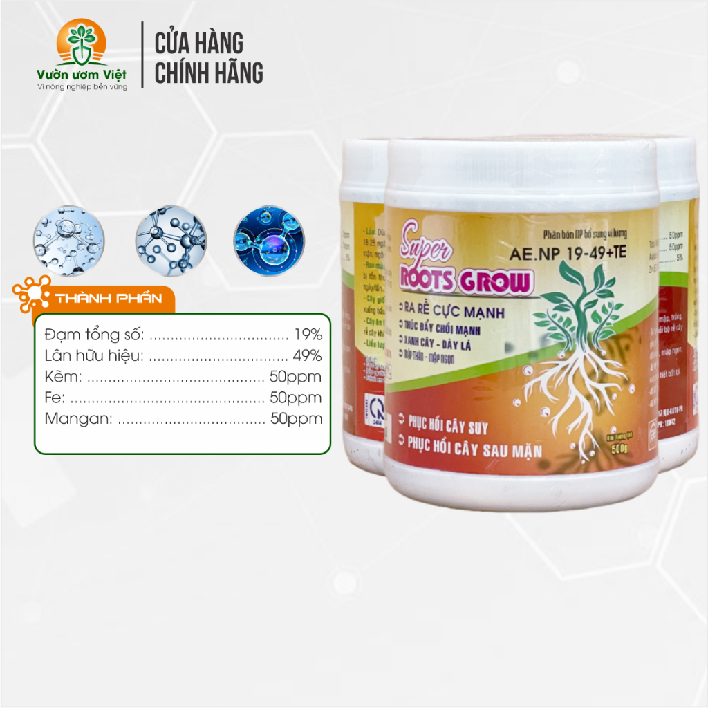 Phân bón Super Roots Grow: 19-49 + TE kích rễ tự nhiên an toàn cho đất, cây xanh bền vững - 500gr