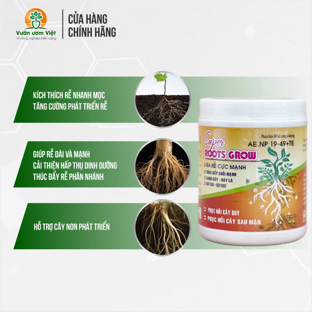 Phân bón Super Roots Grow: 19-49 + TE kích rễ tự nhiên an toàn cho đất, cây xanh bền vững - 500gr