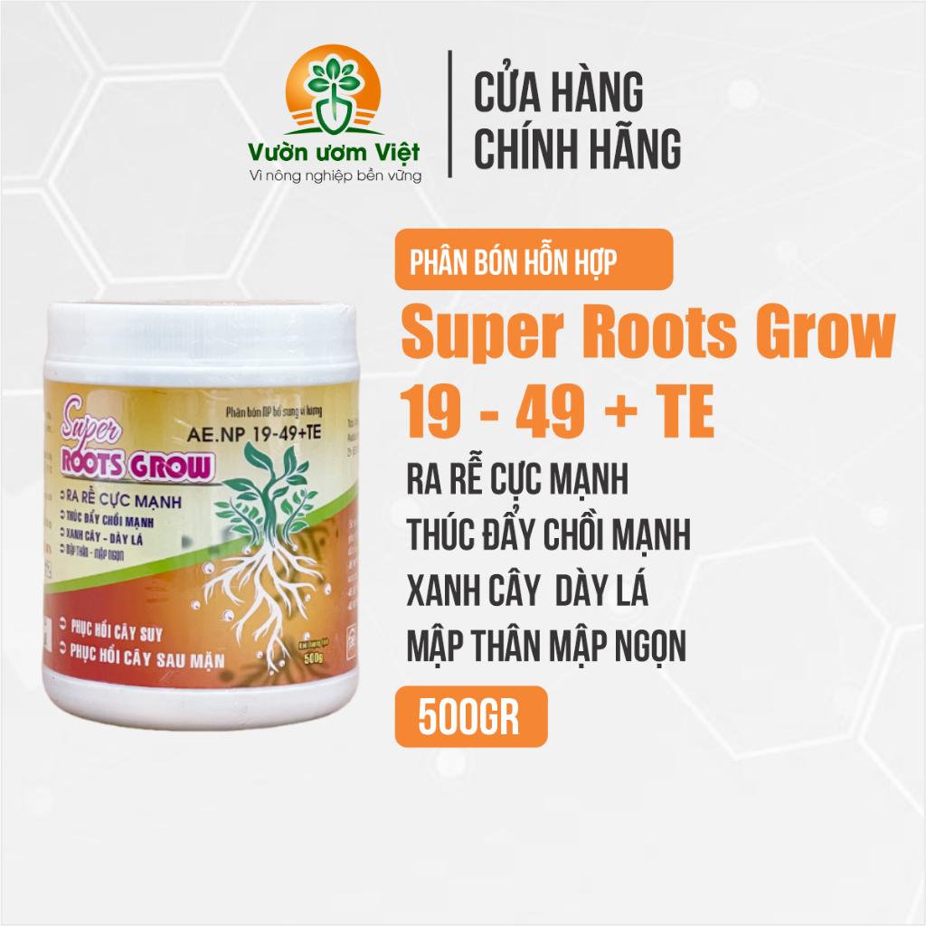 Phân bón Super Roots Grow: 19-49 + TE kích rễ tự nhiên an toàn cho đất, cây xanh bền vững - 500gr