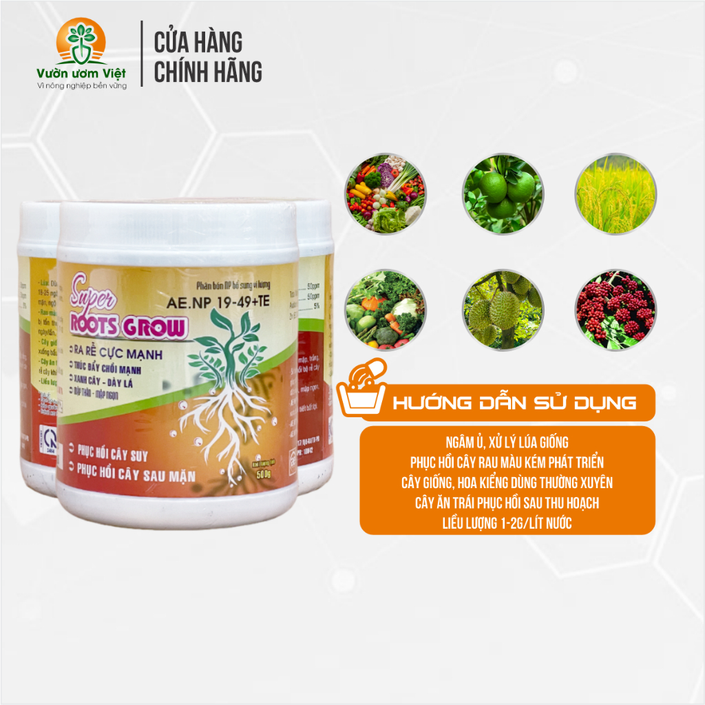 Phân bón Super Roots Grow: 19-49 + TE kích rễ tự nhiên an toàn cho đất, cây xanh bền vững - 500gr