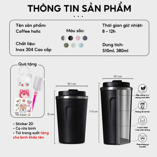 Ly giữ nhiệt cao cấp Coffee Holic cốc nước giữ nhiệt thể thao Fan House chống xước hỗ trợ khắc tên