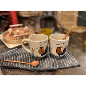 Ly Gốm Vẽ Gà Trống Xưa Có / Ko Quai Đáy Bầu 385ml Có Nắp Hoặc Ko - Hàng Cao Cấp - Gốm Lái Thiêu Xưa Cho Người Hoài Niệm