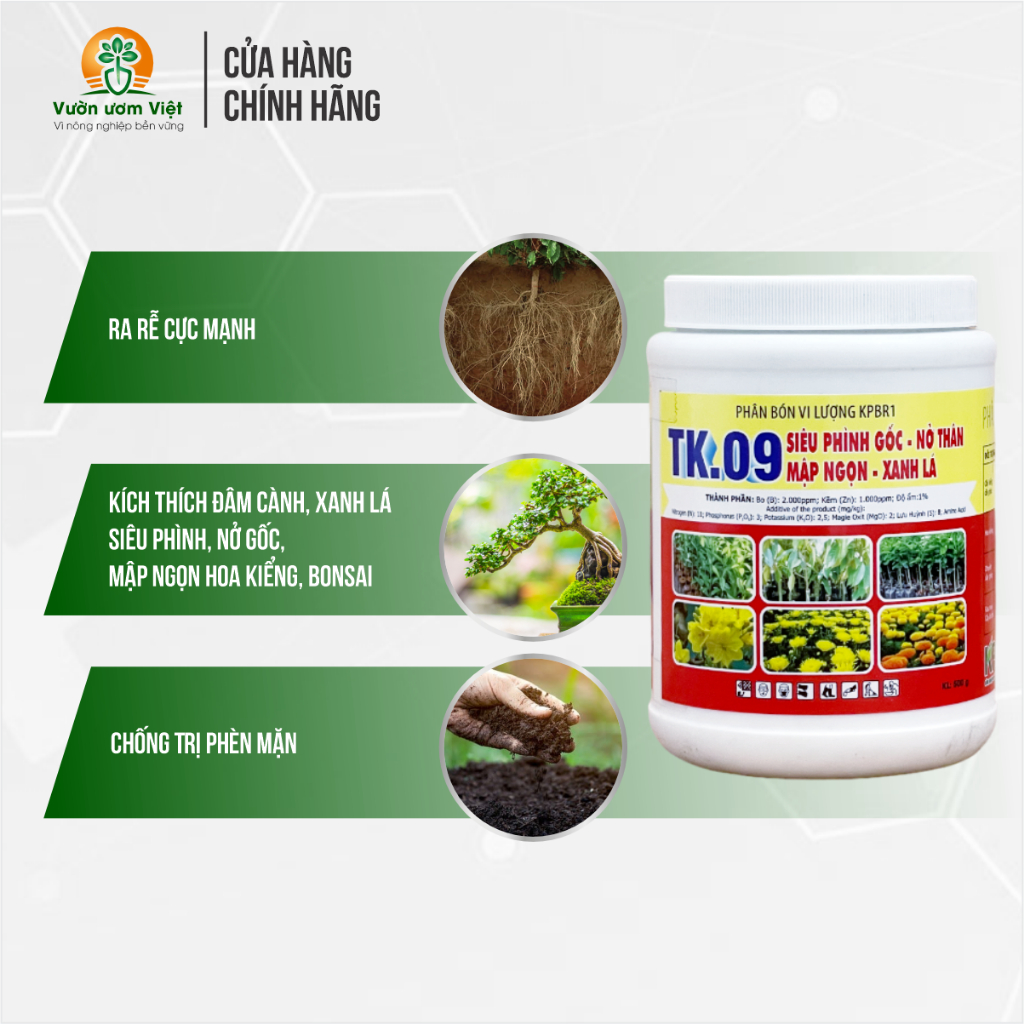 Phân bón lớn gốc, lớn thân TK.09 - lớn gốc cây kiểng, bonsai, rau màu, cây ăn quả, hiệu quả tức thời