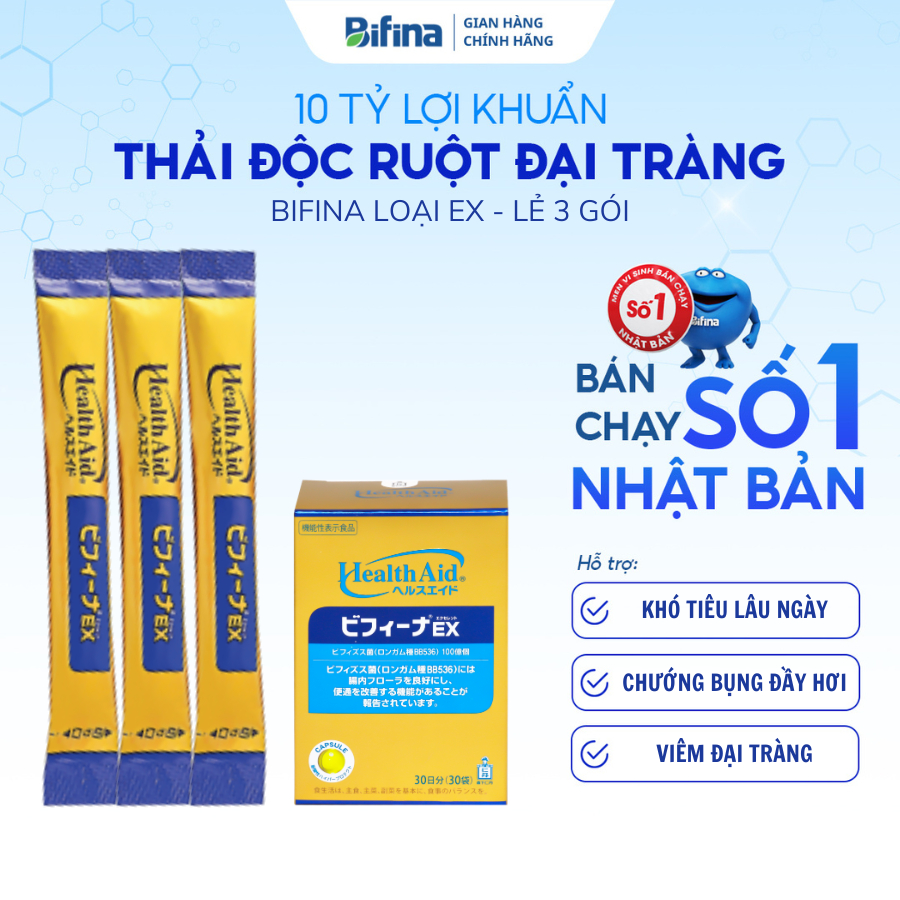 Ảnh Bifina Nhật Bản -Loại EX Lẻ 3 gói (không có hộp) -Cho người viêm đại tràng, rối loạn tiêu hóa, hội chứng ruột kích thích 1