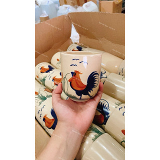 Ly Gốm Vẽ Gà Trống Xưa Có / Ko Quai Đáy Bầu 385ml Có Nắp Hoặc Ko - Hàng Cao Cấp - Gốm Lái Thiêu Xưa Cho Người Hoài Niệm