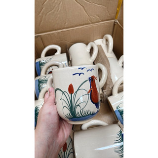 Ly Gốm Vẽ Gà Trống Xưa Có / Ko Quai Đáy Bầu 385ml Có Nắp Hoặc Ko - Hàng Cao Cấp - Gốm Lái Thiêu Xưa Cho Người Hoài Niệm