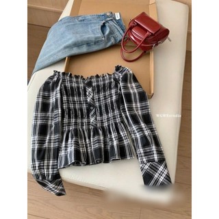 GX8 Áo Trễ Vai Dài Tay Caro Bo Chun Tôn Dáng