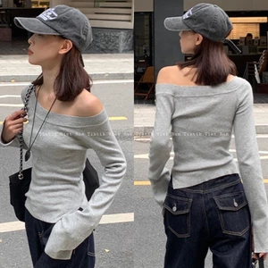 Áo dài tay trễ vai màu ghi trơn chất thun nỉ co giãn cơ bản dành cho mùa thu đông ATDT022 - Tiktik