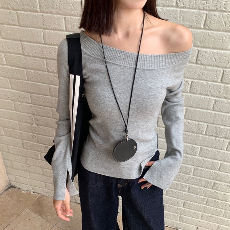 (sẵn) Áo dài tay trễ vai màu ghi trơn chất thun nỉ co giãn cơ bản dành cho mùa thu đông ATDT022 - Tiktik