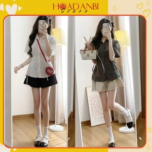 Set áo sơ mi đũi phối dây buộc hai bên eo kèm quần short cạp chun phong cách tiểu thư siêu xinh