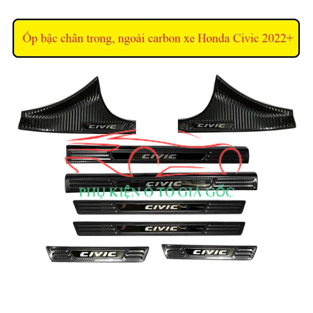 Bộ ốp bậc cửa, nẹp bước chân trong, ngoài xe Honda Civic 2022+ carbon cao cấp