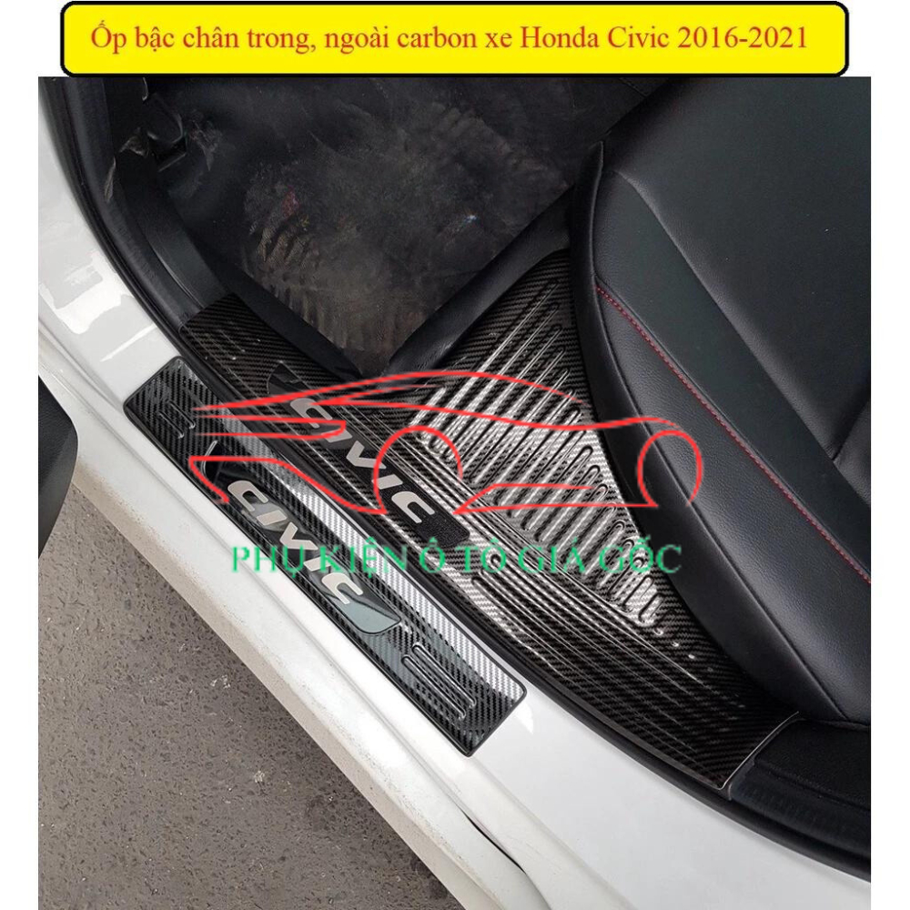 Bộ ốp bậc cửa, nẹp bước chân trong, ngoài xe Honda Civic 2016-2021 carbon cao cấp