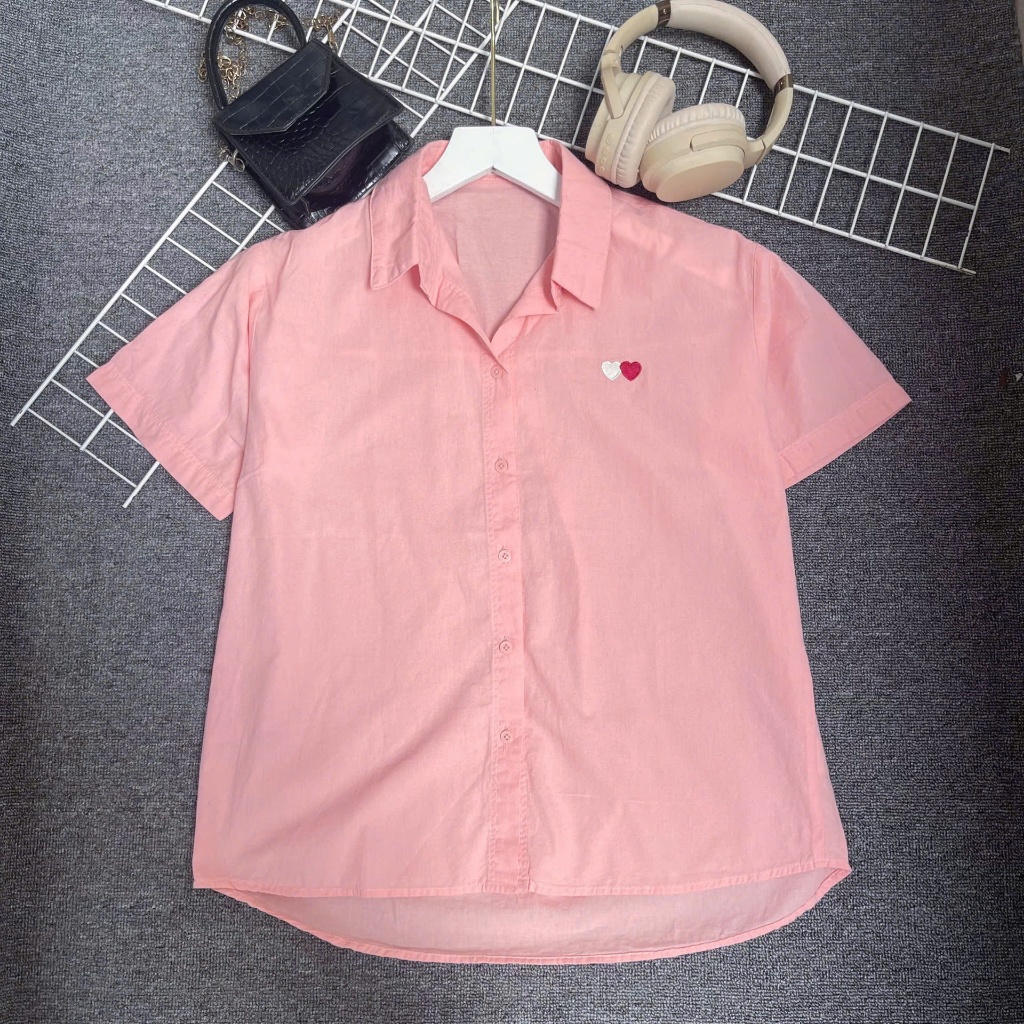Áo Sơ Mi Nữ Trơn Tay Ngắn Thêu Hình Trái Tim Xinh Xắn, Sơ Mi Chất Liệu Cotton Thô Hàn Mềm Nhẹ Mát