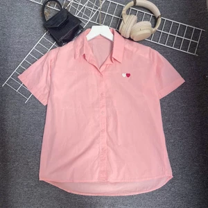 Áo Sơ Mi Nữ Trơn Tay Ngắn Thêu Hình Trái Tim Xinh Xắn, Sơ Mi Chất Liệu Cotton Thô Hàn Mềm Nhẹ Mát